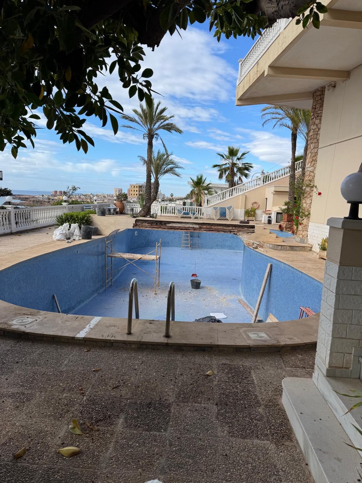 Der Pool vor den Arbeiten, von derselben Stelle unter dem Baum